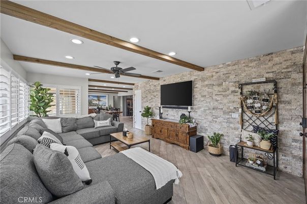 Interior, Living room, Recessed Lighting, Stone Walls, Wooden Beams, Wood Texture Flooring