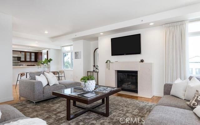 Fireplace, Interior, Kitchen, Living room, Recessed Lighting, Wood Texture Flooring