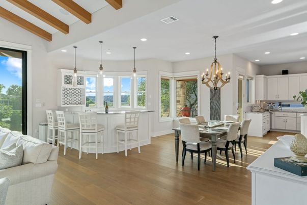 Chandelier, Dining room, Interior, Kitchen, Pendant Lights, Recessed Lighting, Wooden Beams, Wood Texture Flooring