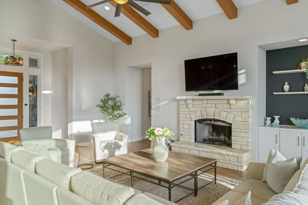 Fireplace, Interior, Living room, Pendant Lights, Recessed Lighting, Wooden Beams, Wood Texture Flooring