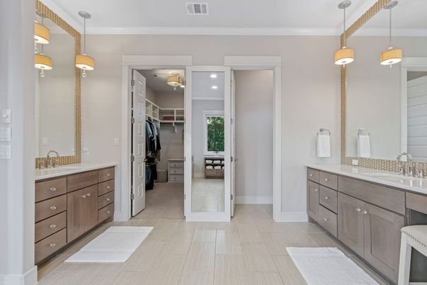 Bathroom, Dual Sink Vanities, Interior, Pendant Lights, Recessed Lighting, Walk-in Closets