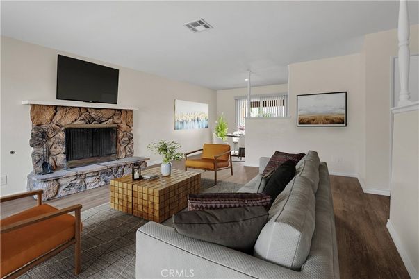 Fireplace, Interior, Living room, Recessed Lighting, Wood Texture Flooring
