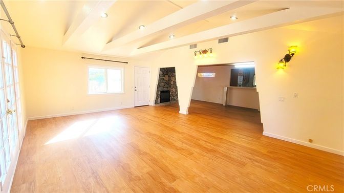 Empty room, Fireplace, Interior, Recessed Lighting, Wood Texture Flooring