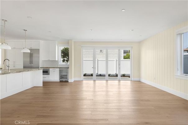 Empty room, Interior, Kitchen, Pendant Lights, Recessed Lighting, Wood Texture Flooring