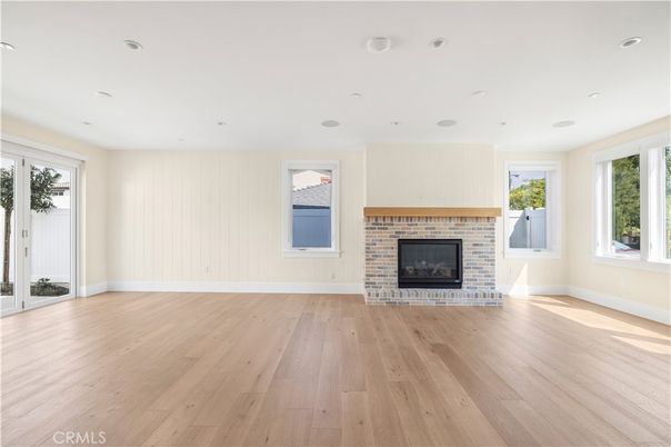 Empty room, Fireplace, Interior, Recessed Lighting, Wood Texture Flooring
