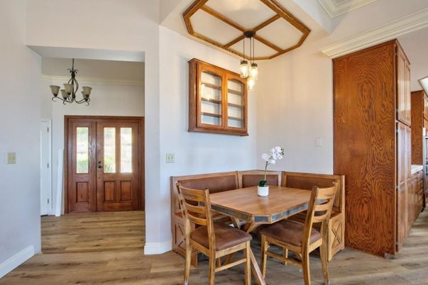 Chandelier, Dining room, Interior, Pendant Lights, Wood Texture Flooring