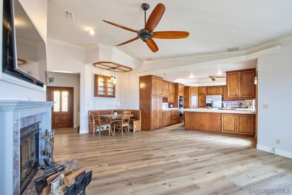 Dining room, Fireplace, Interior, Kitchen, Pendant Lights, Wood Texture Flooring