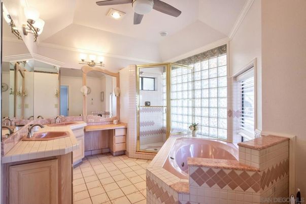 Bathroom, Dual Sink Vanities, Glass Shower, Interior, Recessed Lighting, Tile Countertops
