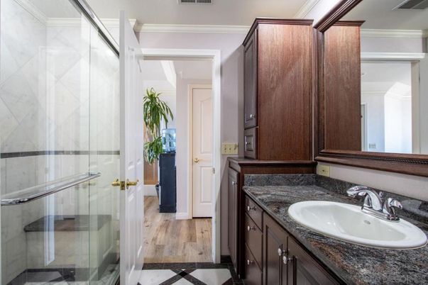 Bathroom, Glass Shower, Interior, Wood Texture Flooring