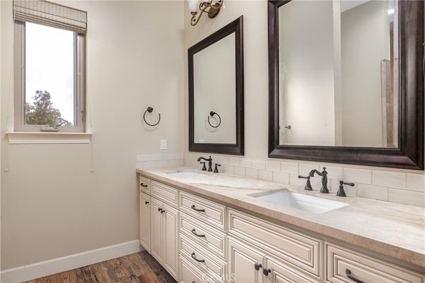 Bathroom, Dual Sink Vanities, Interior, Tile Countertops, Wood Texture Flooring