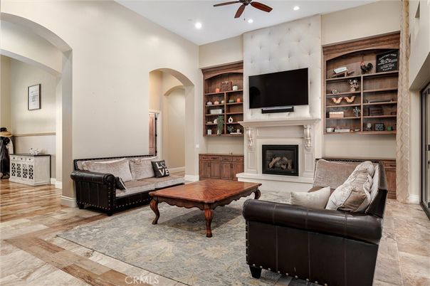 Fireplace, Interior, Living room, Recessed Lighting, Wood Texture Flooring
