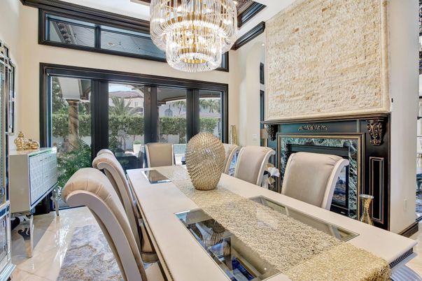 Chandelier, Dining room, Fireplace, Interior