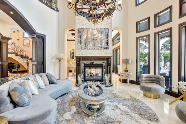 Chandelier, Fireplace, Interior, Living room