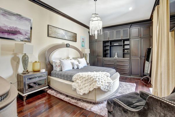 Bedroom, Chandelier, Interior, Recessed Lighting, Wood Texture Flooring