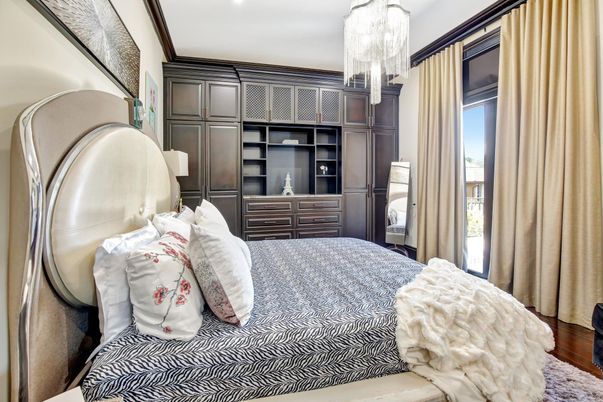 Bedroom, Chandelier, Interior, Recessed Lighting, Wood Texture Flooring