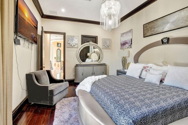 Bedroom, Chandelier, Interior, Recessed Lighting, Wood Texture Flooring