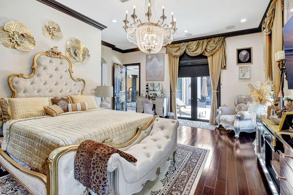 Bedroom, Chandelier, Interior, Recessed Lighting, Wood Texture Flooring