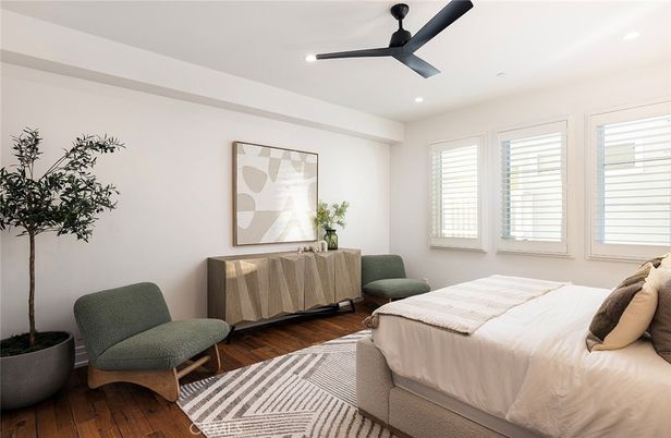 Bedroom, Interior, Recessed Lighting, Wood Texture Flooring