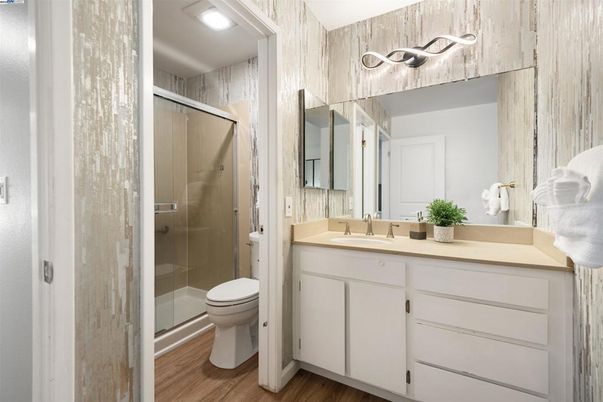 Bathroom, Glass Shower, Interior, Wood Texture Flooring