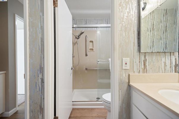 Bathroom, Glass Shower, Interior, Wood Texture Flooring