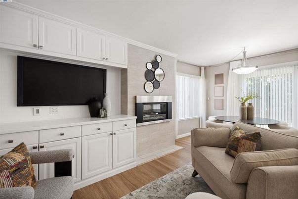 Fireplace, Interior, Living room, Pendant Lights, Wood Texture Flooring