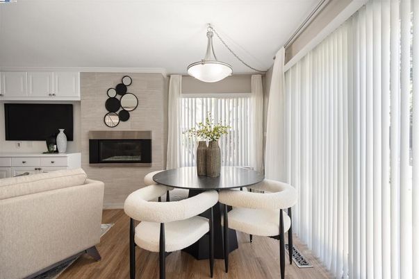 Dining room, Fireplace, Interior, Pendant Lights, Wood Texture Flooring