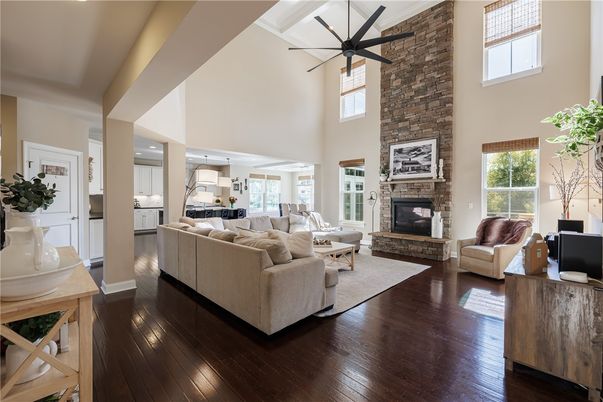 Fireplace, Interior, Kitchen, Living room, Pendant Lights, Stone Walls, Wood Texture Flooring