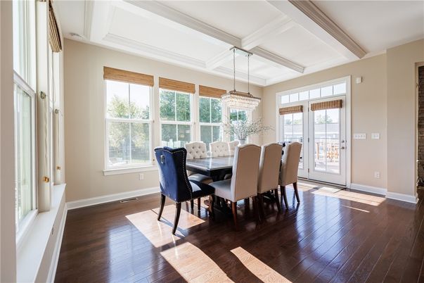 Chandelier, Dining room, Interior, Wood Texture Flooring