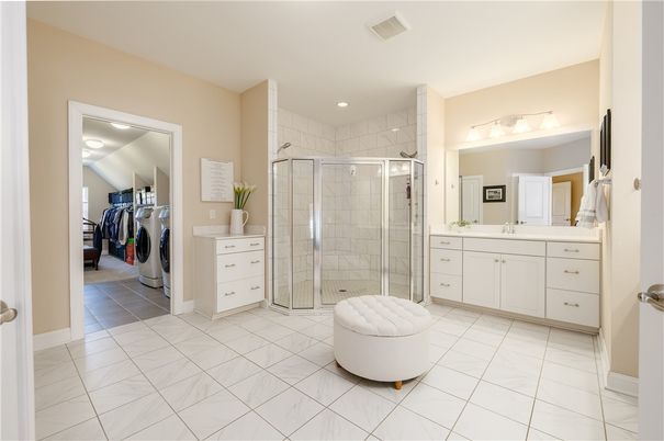 Bathroom, Glass Shower, Interior, Marble, Recessed Lighting, Washer