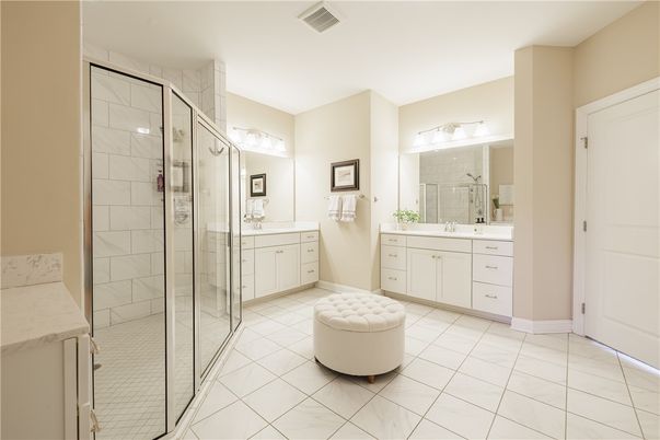 Bathroom, Dual Sink Vanities, Glass Shower, Interior, Marble Walls