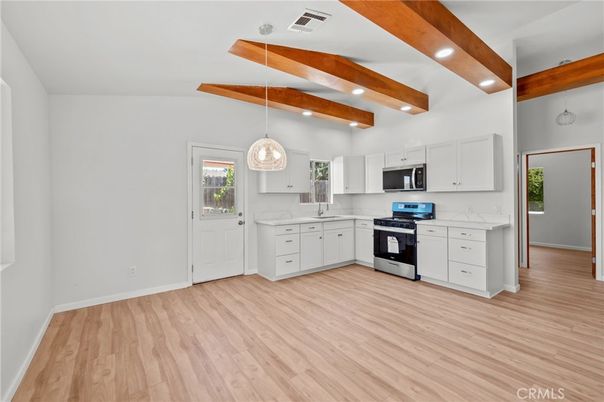 Interior, Kitchen, Pendant Lights, Recessed Lighting, Stainless Steel Appliances, Wooden Beams, Wood Texture Flooring