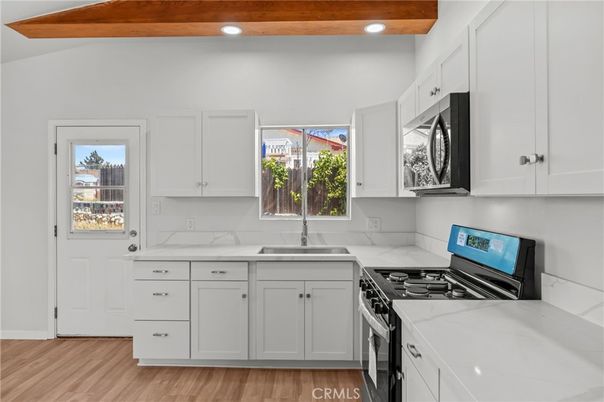 Interior, Kitchen, Recessed Lighting, Wooden Beams, Wood Texture Flooring