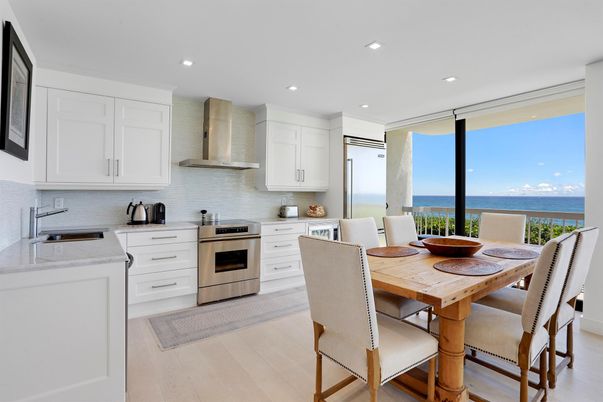 Dining room, Interior, Kitchen, Recessed Lighting, Stainless Steel Appliances, Water, Wood Texture Flooring