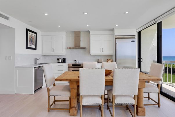 Dining room, Interior, Kitchen, Recessed Lighting, Stainless Steel Appliances, Water, Wood Texture Flooring