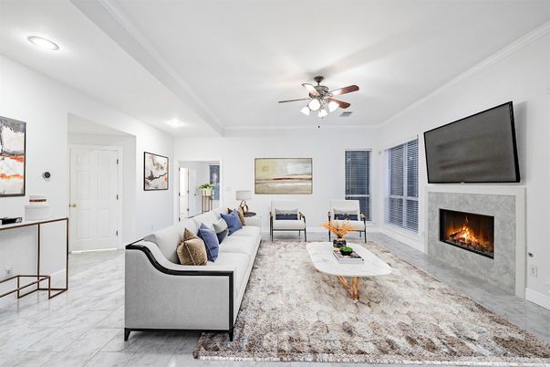 Fireplace, Interior, Living room, Marble, Recessed Lighting