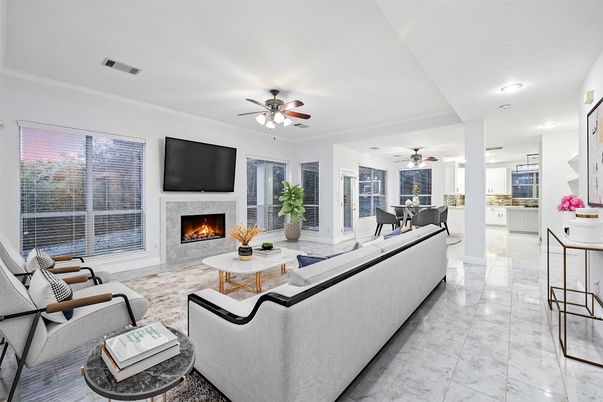 Dining room, Fireplace, Interior, Living room, Marble, Recessed Lighting