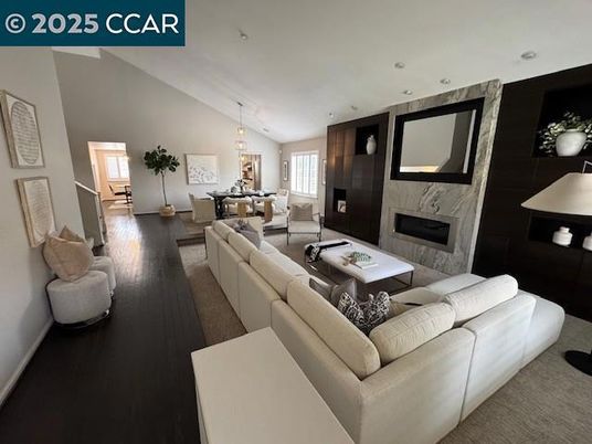 Dining room, Fireplace, Interior, Living room, Pendant Lights, Recessed Lighting, Wood Texture Flooring