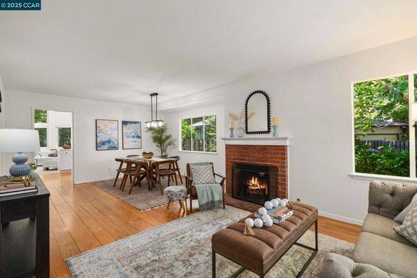 Dining room, Fireplace, Interior, Living room, Pendant Lights, Wood Texture Flooring