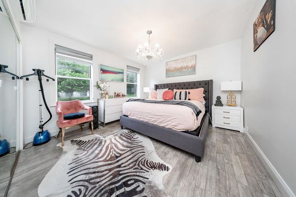 Bedroom, Chandelier, Interior, Wood Texture Flooring