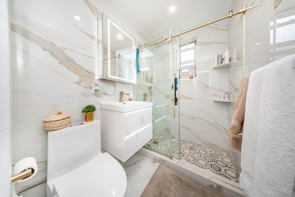 Bathroom, Glass Shower, Interior, Marble, Marble Walls, Recessed Lighting