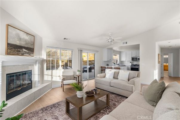 Fireplace, Interior, Kitchen, Living room, Stainless Steel Appliances, Wood Texture Flooring