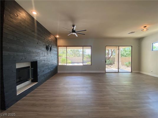Empty room, Fireplace, Interior, Recessed Lighting, Wood Texture Flooring