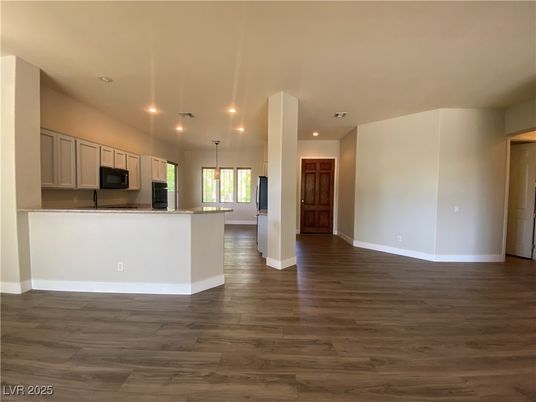 Empty room, Interior, Kitchen, Pendant Lights, Recessed Lighting, Wood Texture Flooring