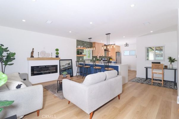 Fireplace, Interior, Kitchen, Living room, Pendant Lights, Recessed Lighting, Wood Texture Flooring