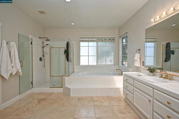 Bathroom, Dual Sink Vanities, Glass Shower, Interior, Recessed Lighting