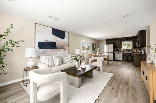 Interior, Kitchen, Living room, Recessed Lighting, Stainless Steel Appliances, Wood Texture Flooring