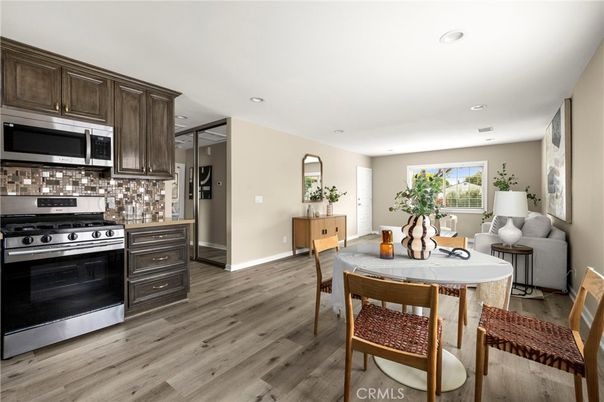 Dining room, Interior, Kitchen, Recessed Lighting, Stainless Steel Appliances, Wood Texture Flooring