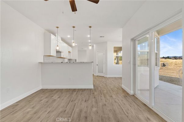 Empty room, Interior, Kitchen, Pendant Lights, Recessed Lighting, Wood Texture Flooring