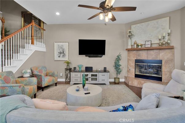 Fireplace, Interior, Living room, Recessed Lighting, Wood Texture Flooring