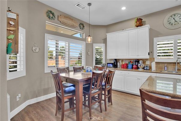 Dining room, Interior, Kitchen, Pendant Lights, Recessed Lighting, Wood Texture Flooring